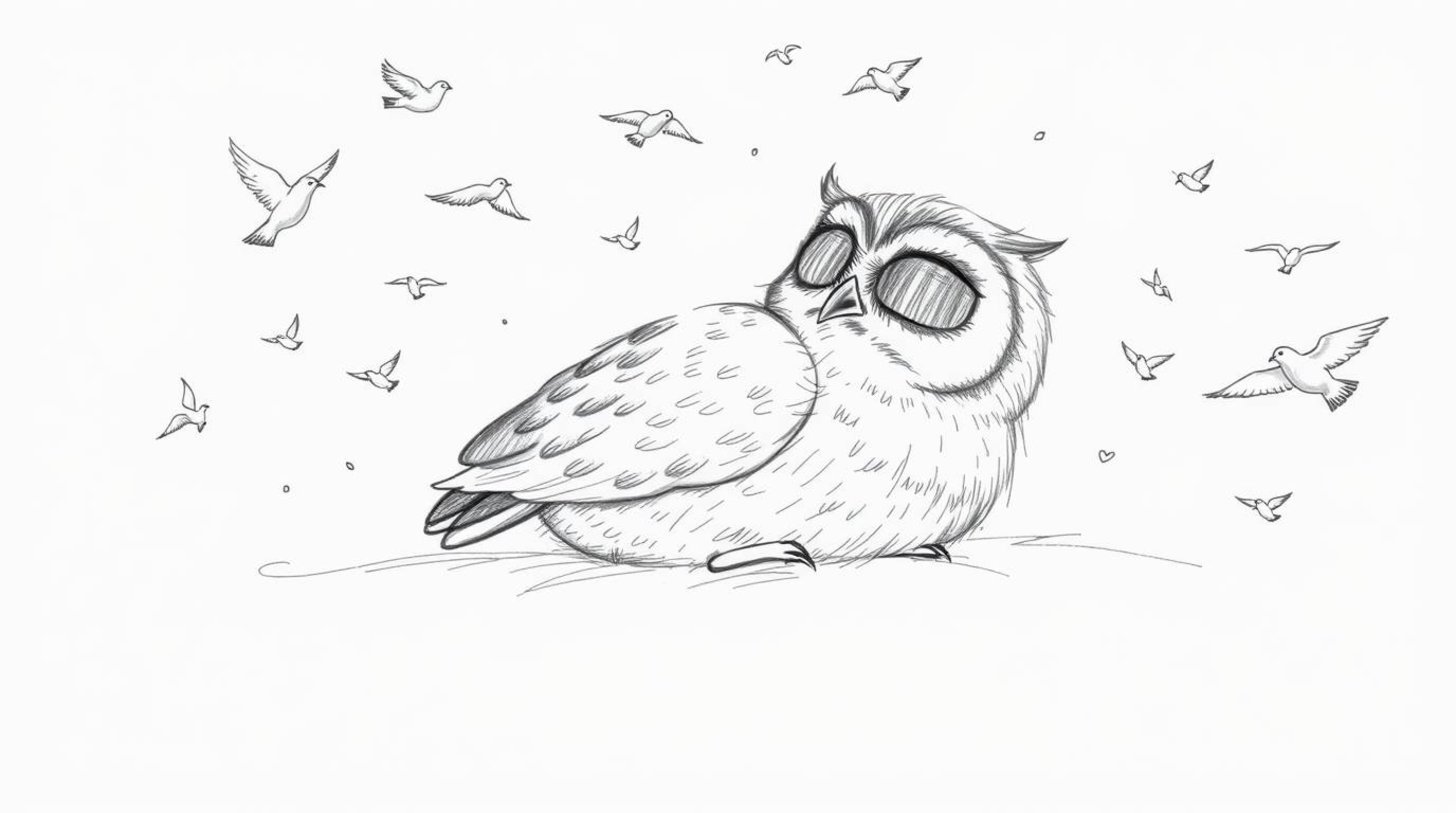 A heart-warming hand-drawn sketch reminiscent of Pixar, depicts a blind owl serenely resting while surrounded by a flurry of 