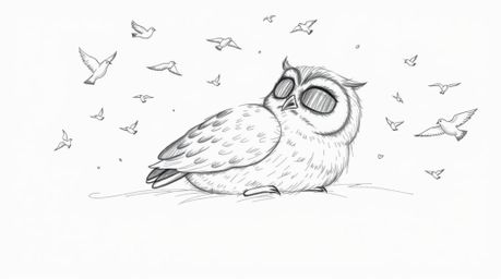 A heart-warming hand-drawn sketch reminiscent of Pixar, depicts a blind owl serenely resting while surrounded by a flurry of 