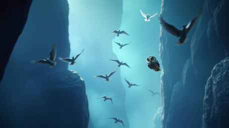 A captivating long-exposure photograph showcases a blind owl, rendered in a charming Pixar-style, gently guiding birds to tak