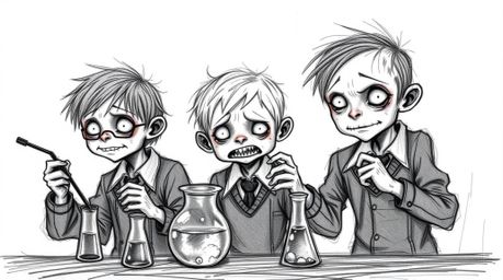An eerie, hand-drawn sketch depicts a group of quirky kids in school uniforms conducting unsettling experiments. The image fe
