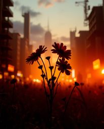 Explore the captivating beauty of silhouetted flowers blooming amidst the ruins of a post-apocalyptic city. This scene is enh