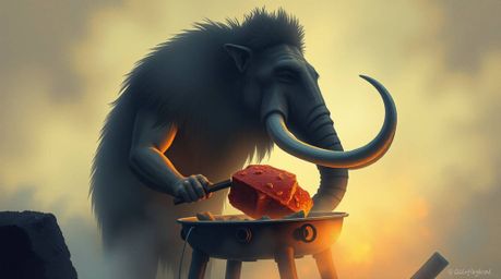 This artwork depicts a caveman cooking mammoth meat amidst a thick, iridescent fog. The fog refracts and reflects light, crea