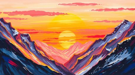 This captivating acrylic painting depicts snow-covered mountains basking in the warm glow of a pastel sunset.  The artwork fe