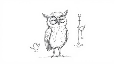 A heartwarming, hand-drawn sketch in the style of Pixar portrays a wise, blind owl with soft, feathery details, compassionate