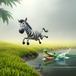 A cheerful 3D cartoon zebra with expressive eyes and a friendly smile leaps from a lush, grassy jungle clearing to avoid a pl