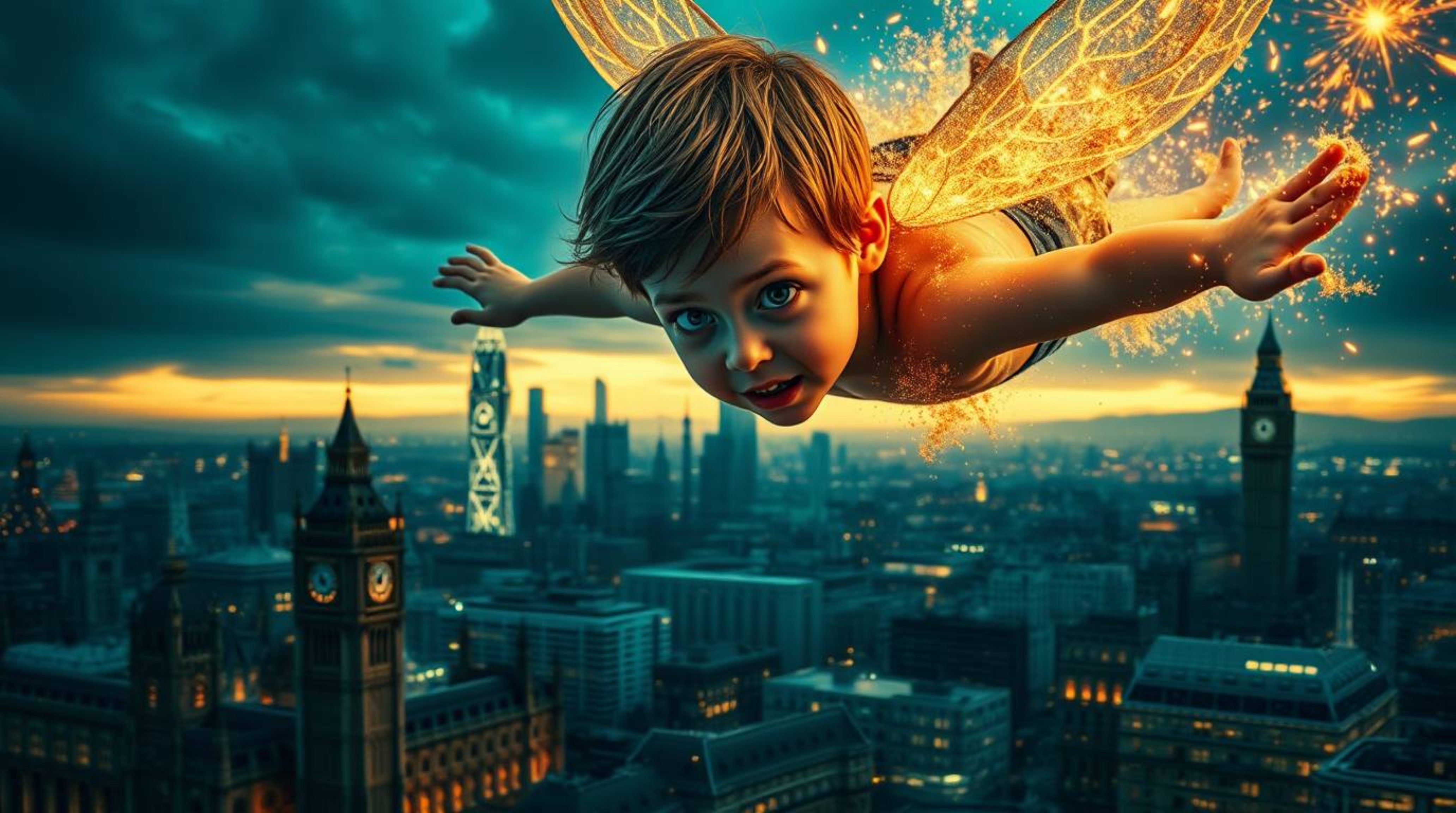 A haunting image of a young boy with pale skin, fear evident in his wide eyes, soaring above a warped London skyline powered 