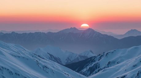 Capture the ethereal beauty of snow-covered mountains bathed in the soft glow of a pastel sunset.  This scene evokes a strong