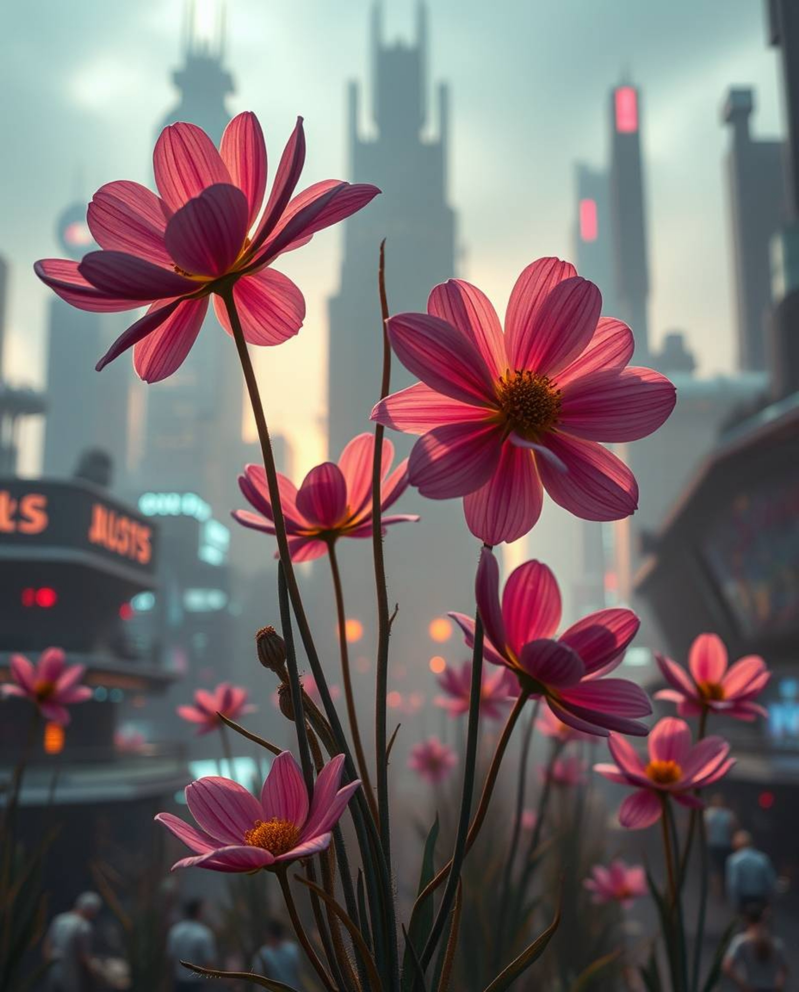 Explore a stunning fusion of nature and technology with futuristic sci-fi flowers blooming amidst the ruins of a post-apocaly