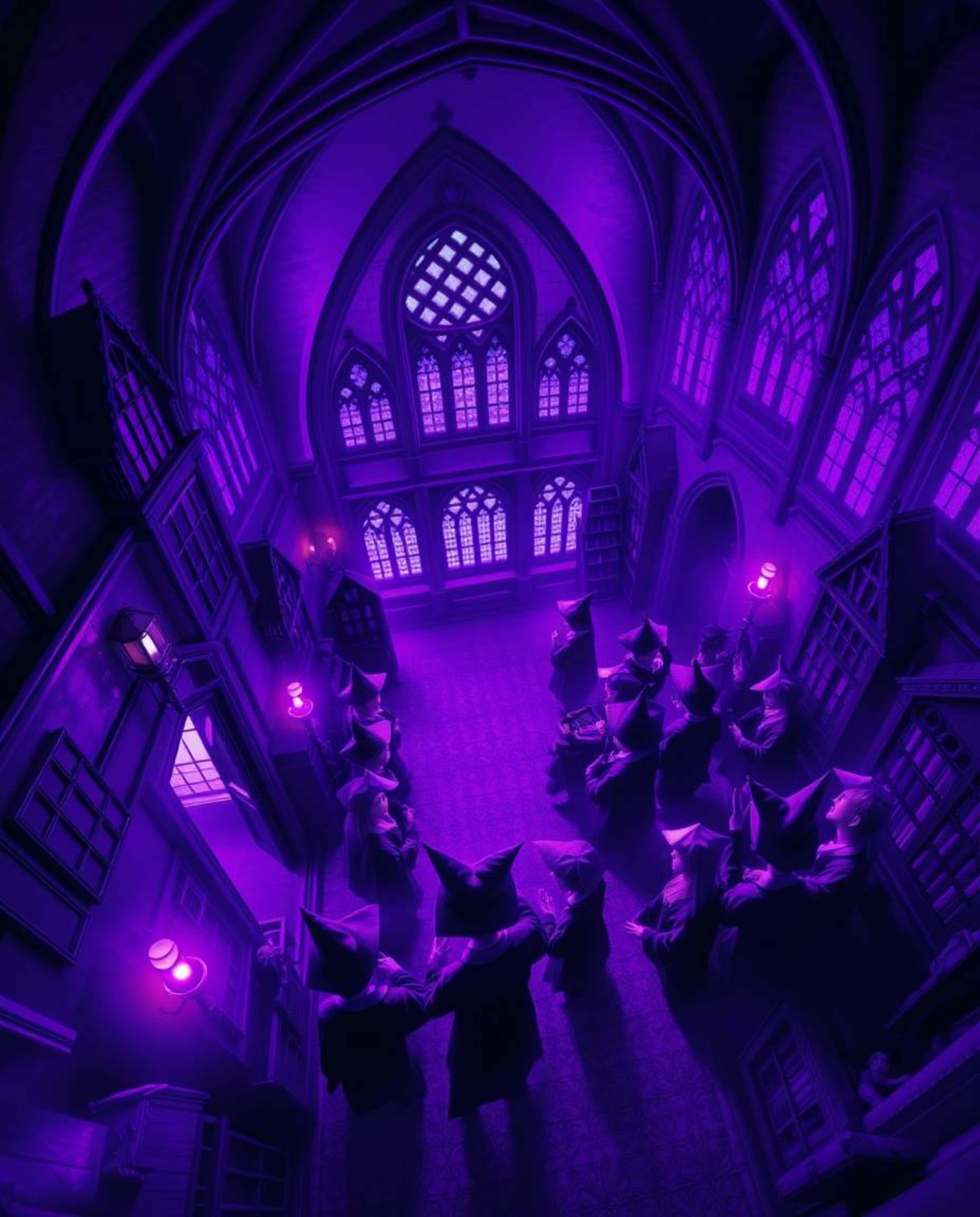 A captivating digital painting showcases a magical school brimming with young wizards.  Viewed from a high angle, the scene i