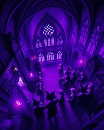 A captivating digital painting showcases a magical school brimming with young wizards.  Viewed from a high angle, the scene i