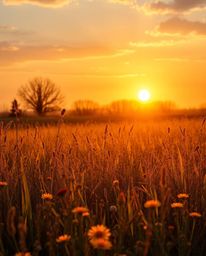 A realistic rendering of a sunset over a spring wildflower meadow, uniquely depicted in a palette of warm autumn colors. The 
