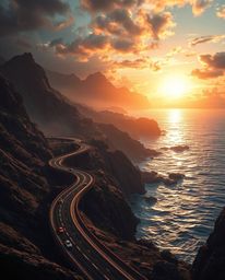 This epic and grand digital painting depicts a winding coastal highway at sunset. The scene is defined by its intense dramati