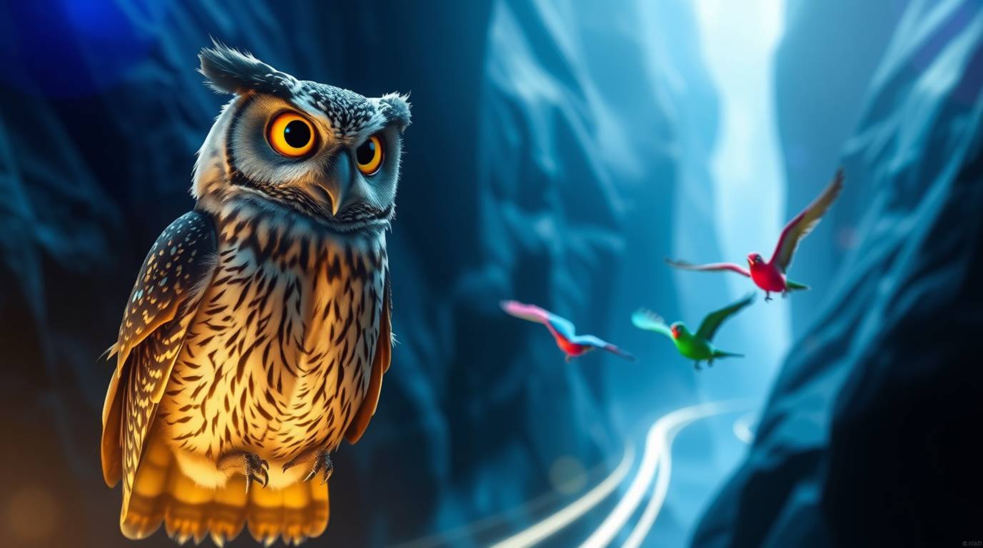 Experience a mystical and spiritual atmosphere with this long exposure photograph. It features a blind, wise-looking owl in a