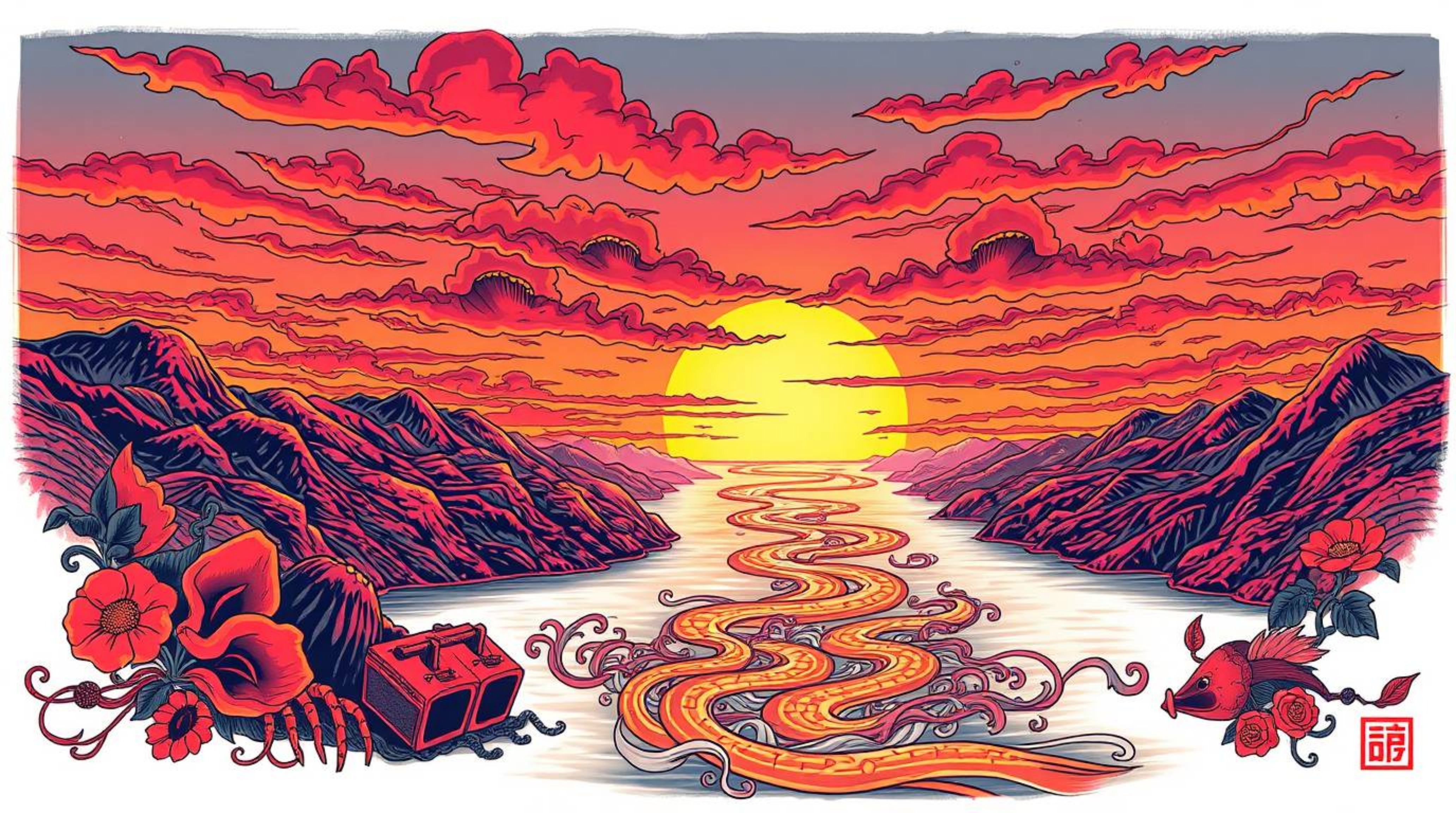 A captivating traditional tattoo art print depicts a winding river glowing under a dramatic orange-pink sky.  The vibrant col