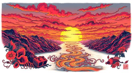 A captivating traditional tattoo art print depicts a winding river glowing under a dramatic orange-pink sky.  The vibrant col