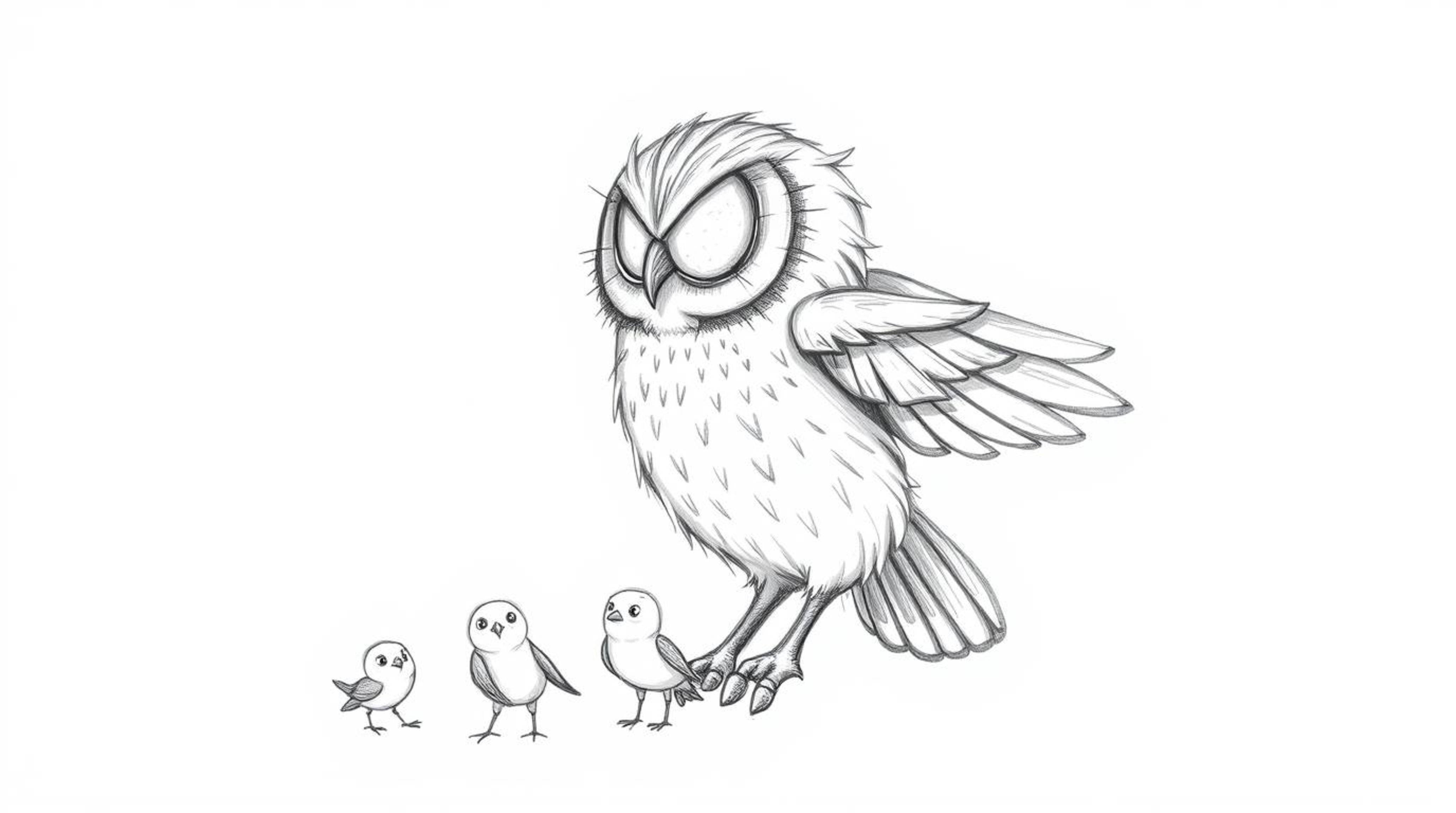 This hand-drawn, Pixar-inspired sketch depicts a heartwarming scene: a blind owl, its feathers gleaming in the sunlight, guid