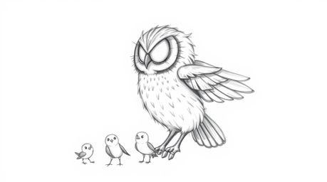 This hand-drawn, Pixar-inspired sketch depicts a heartwarming scene: a blind owl, its feathers gleaming in the sunlight, guid