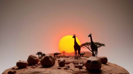 A captivating sculptural clay art piece, captured from a high angle, showcases a breathtaking sunset over a vast savanna.  Th