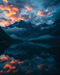 Utilizing high-contrast, low-key lighting, this image depicts the reflections of fiery clouds in a mountain lake. The scene i