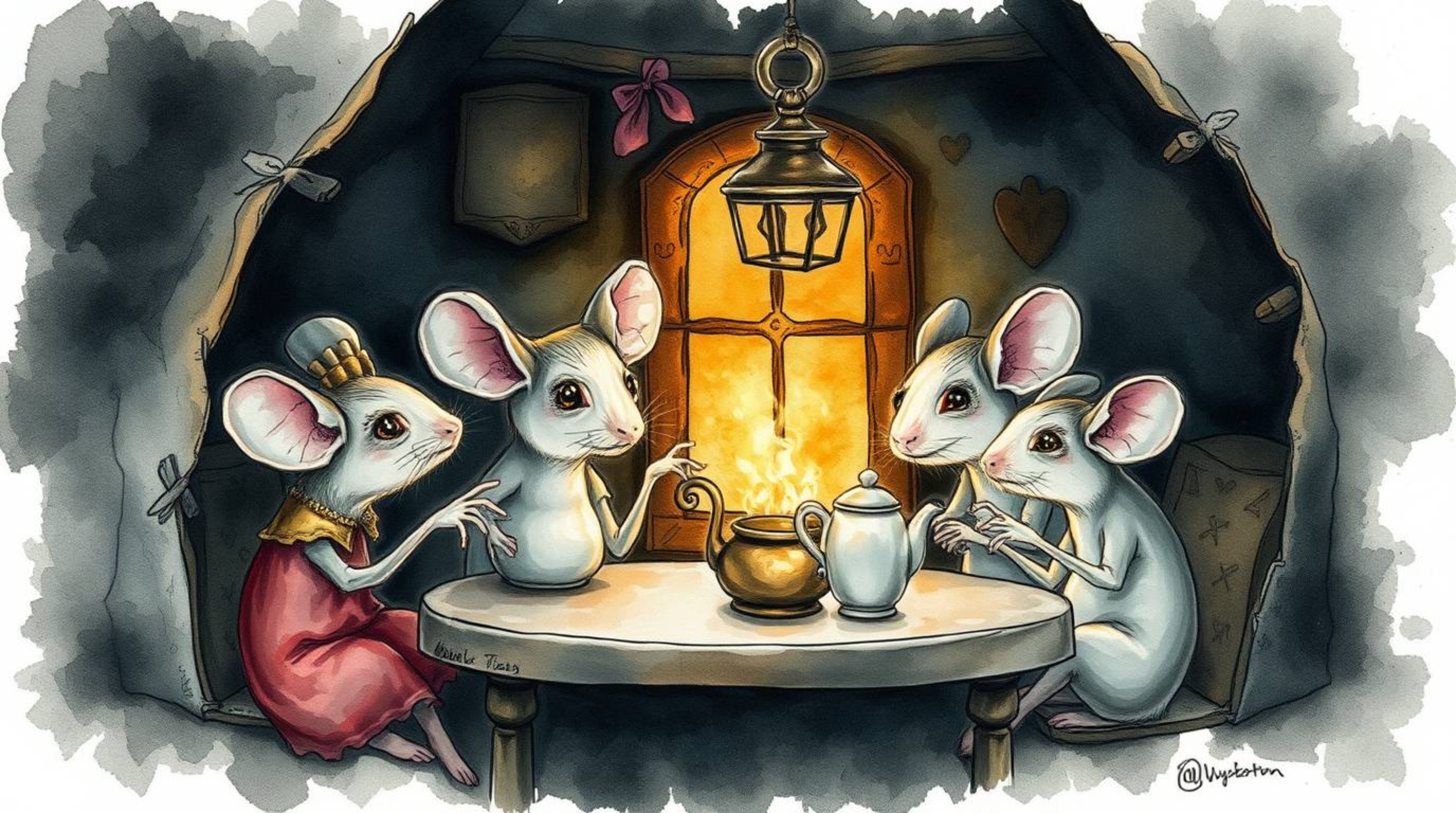 A delicate watercolor painting depicts anthropomorphic mice enjoying tea in a cozy cottage, yet it evokes an eerie and creepy