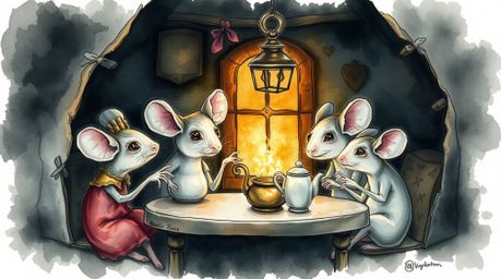 A delicate watercolor painting depicts anthropomorphic mice enjoying tea in a cozy cottage, yet it evokes an eerie and creepy