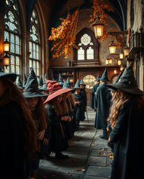 Explore a tight close-up shot of a magical school teeming with young wizards, bathed in warm autumn colors that create an ear