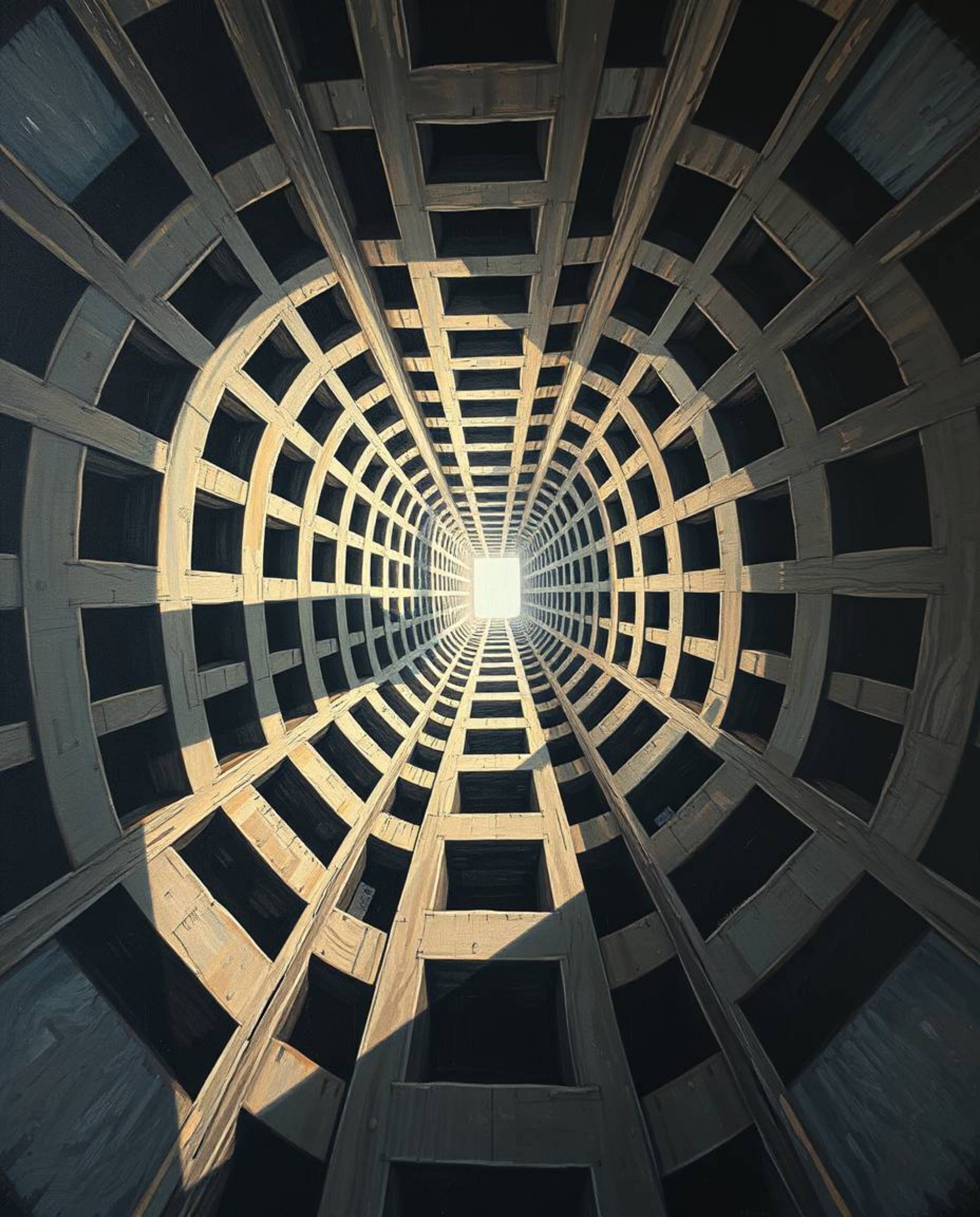 A captivating low-angle oil painting showcases a mesmerizing repetitive cube pattern in the style of M.C. Escher's impossible