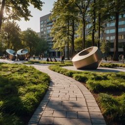 Escape the hustle and bustle of city life in this urban oasis. Discover modern sculptures artfully placed throughout clean wa