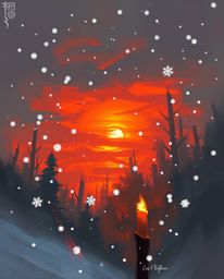 This dynamic digital sketch portrays snowflakes falling during a vibrant sunset, uniquely illuminated by the warm glow of fli