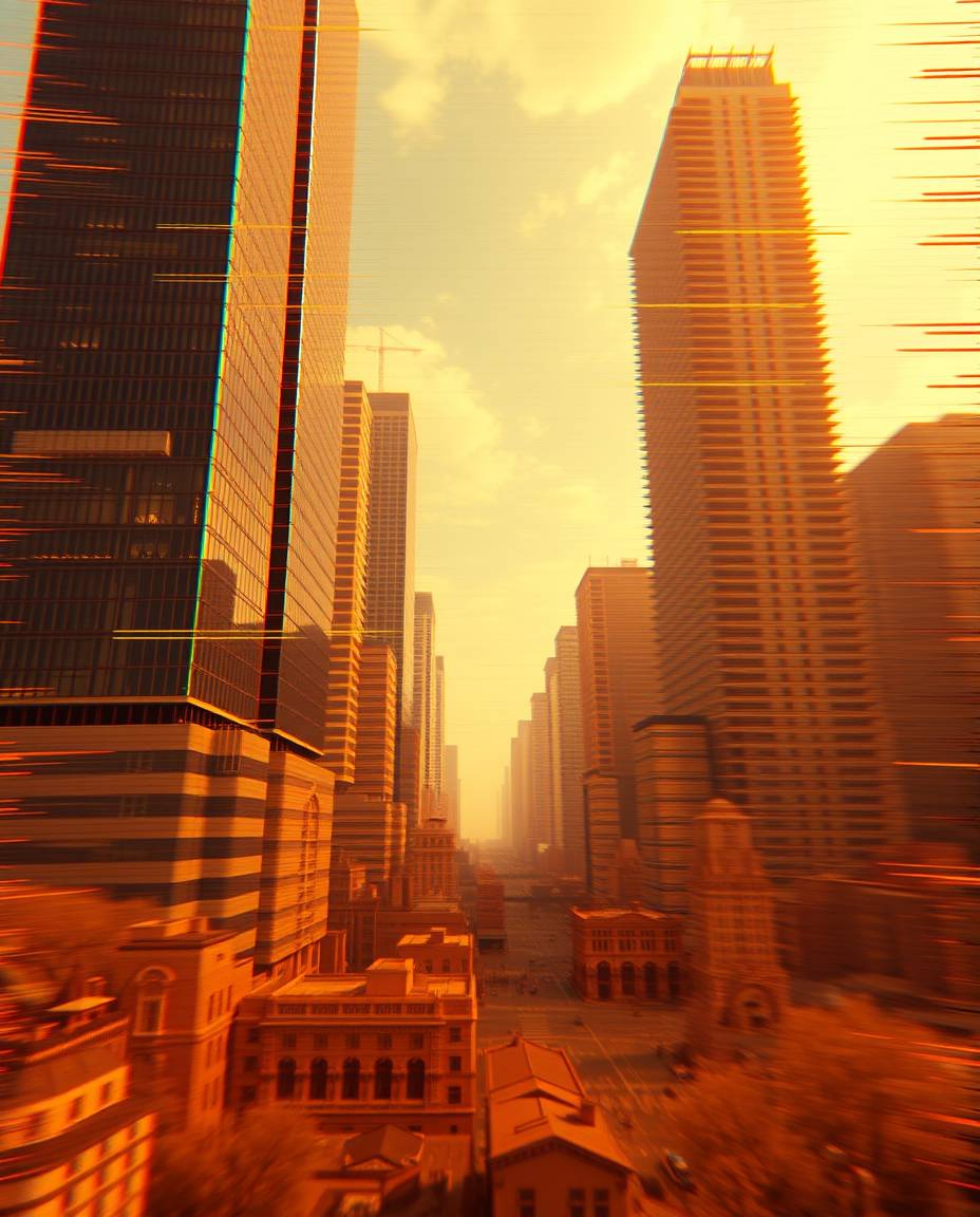 A precise architectural color photograph depicts a glitchy digital landscape featuring distorted skyscrapers and static noise