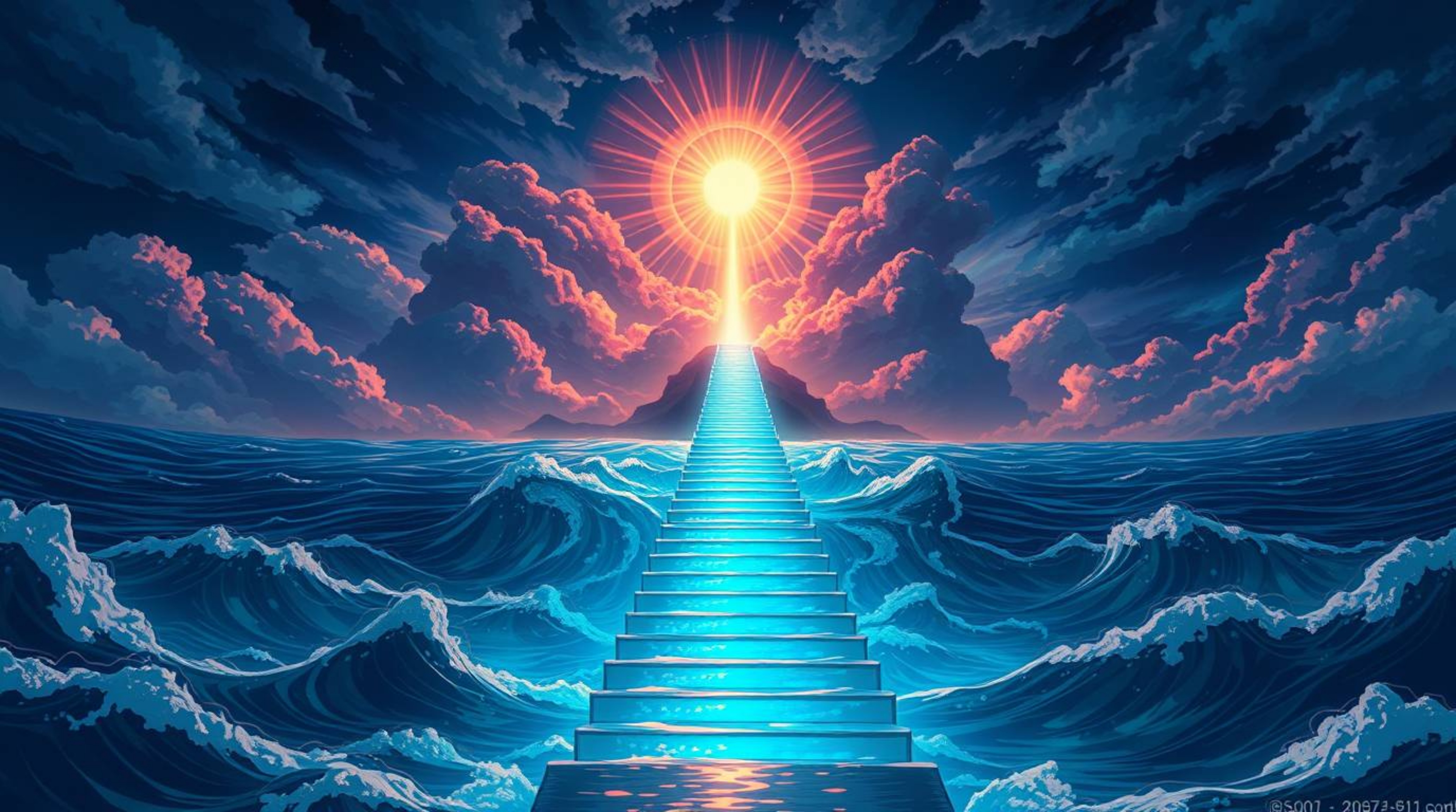 Immerse yourself in a fantastical isekai anime scene featuring a dramatic staircase emerging from the ocean depths, ascending