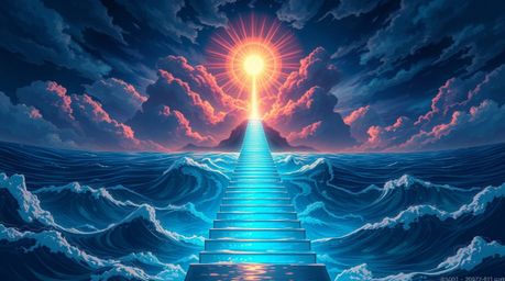 Immerse yourself in a fantastical isekai anime scene featuring a dramatic staircase emerging from the ocean depths, ascending