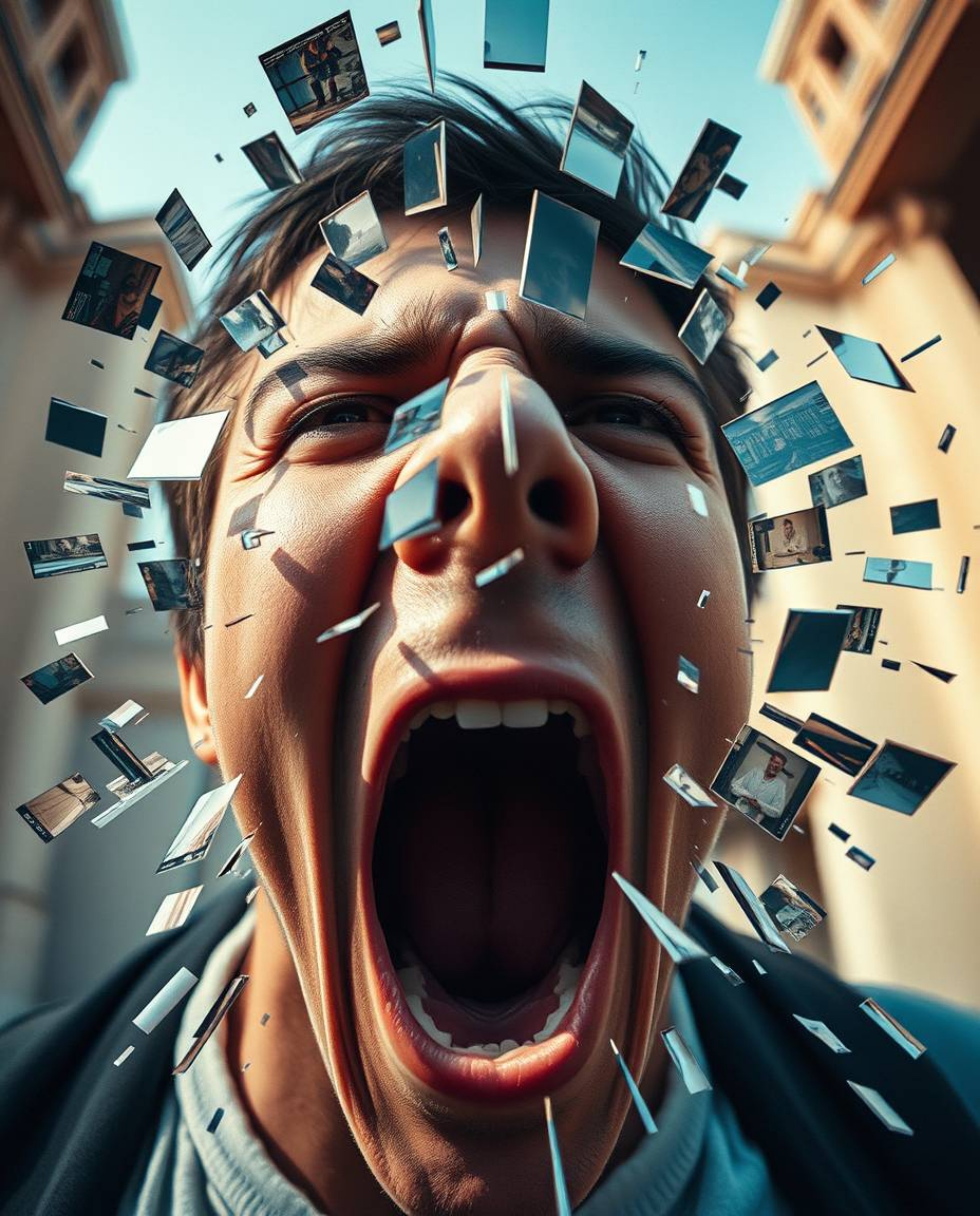 Witness the raw emotion of a person screaming as their reality disintegrates into a mesmerizing cascade of pixels. This extre