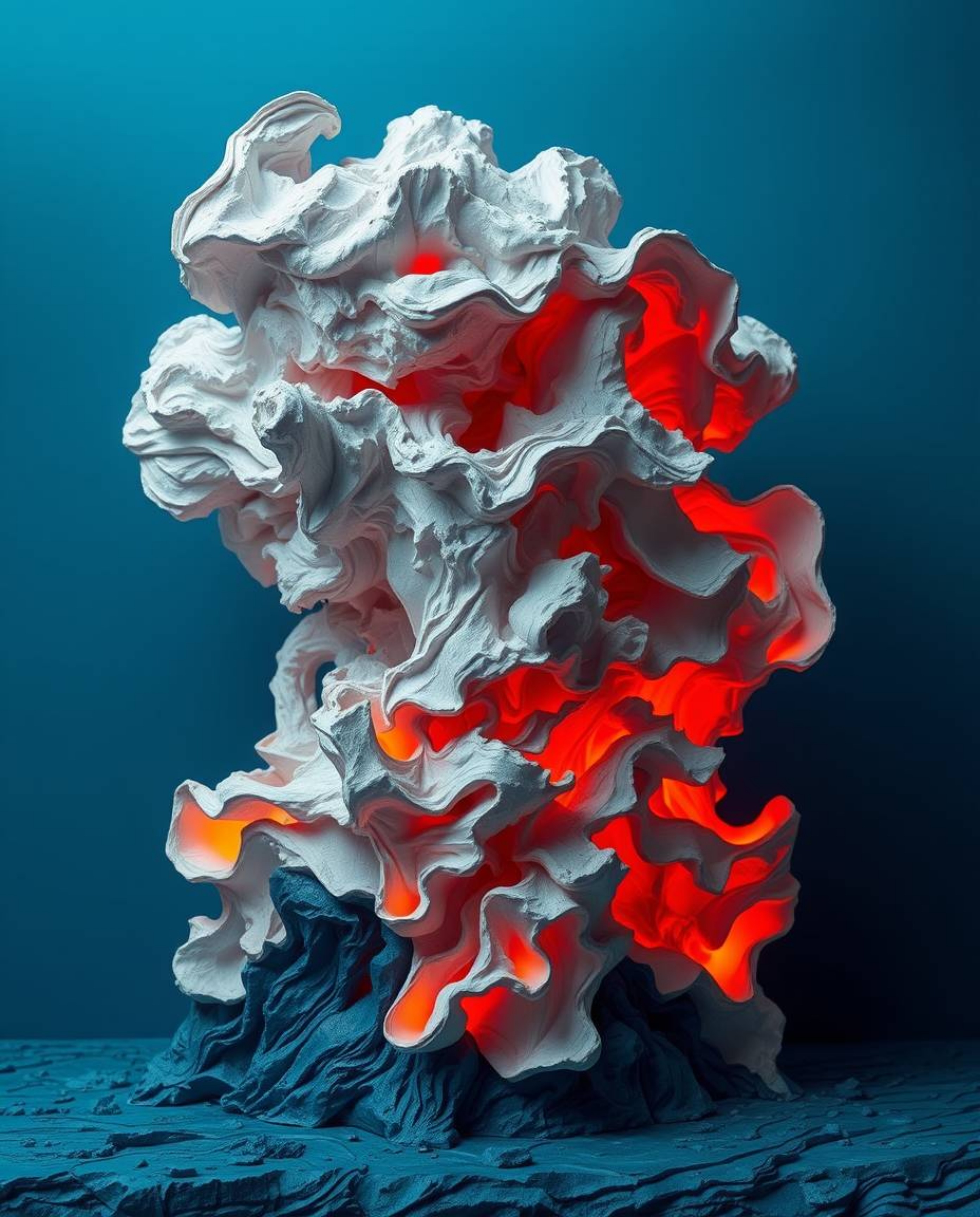 Explore a captivating layered papier-mâché sculpture that portrays intense dramatic weather and futuristic 3D fluid shapes. G