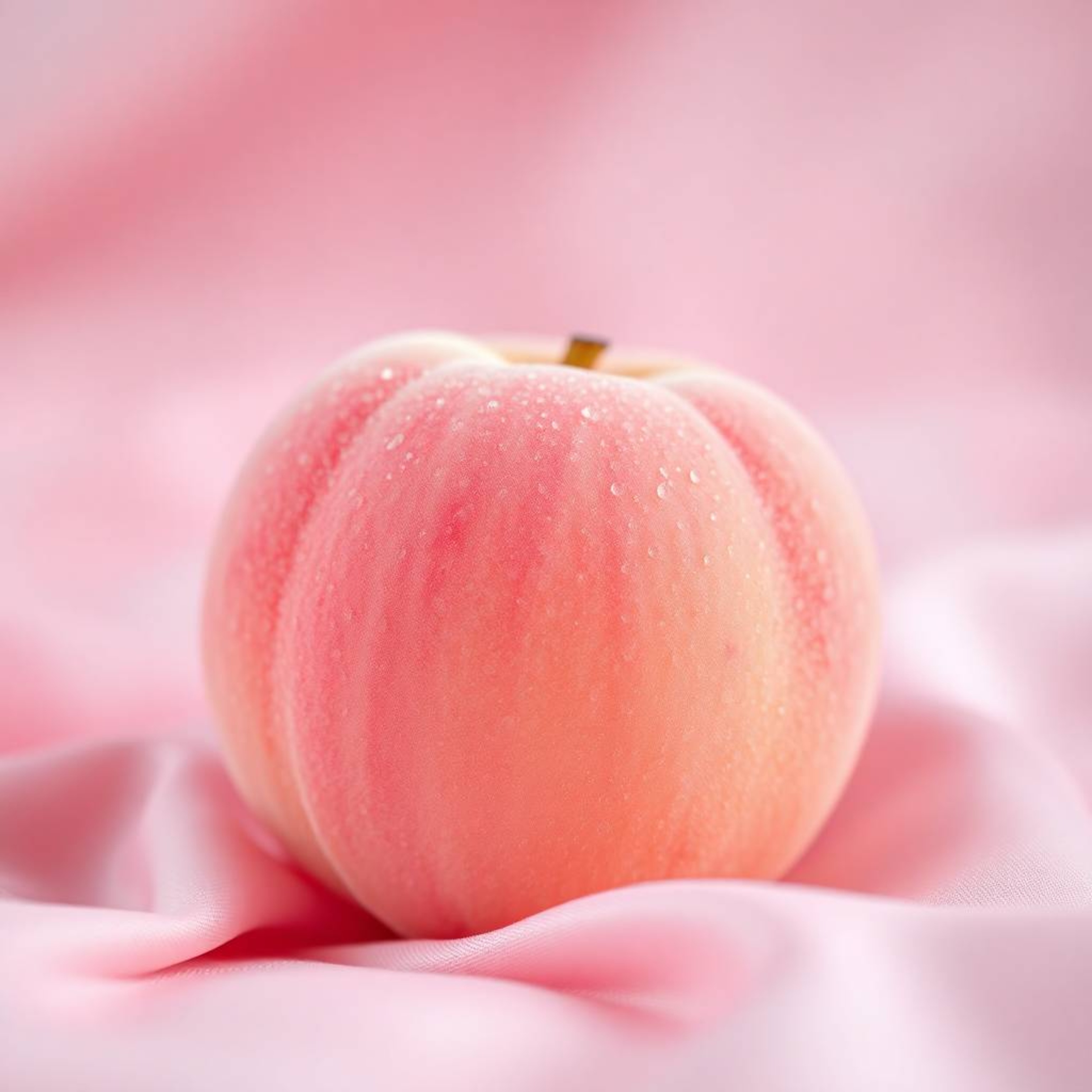 A cinematic close-up showcasing a blushing pink peach resting on pastel pink silk, rendered with a soft, hazy aesthetic. The 