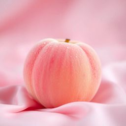 A cinematic close-up showcasing a blushing pink peach resting on pastel pink silk, rendered with a soft, hazy aesthetic. The 