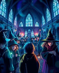 Discover a magical school brimming with young wizards, creatively depicted in a light art style.  The artwork features a capt