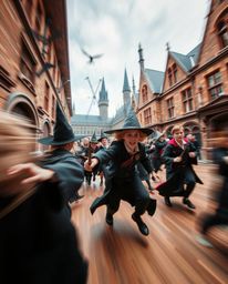 Experience the vibrant energy of a magical school filled with young wizards! This captivating scene features dynamic motion, 
