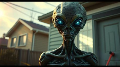 Explore a captivating modern scene: street photography capturing an alien with iridescent skin and glowing eyes, seamlessly i