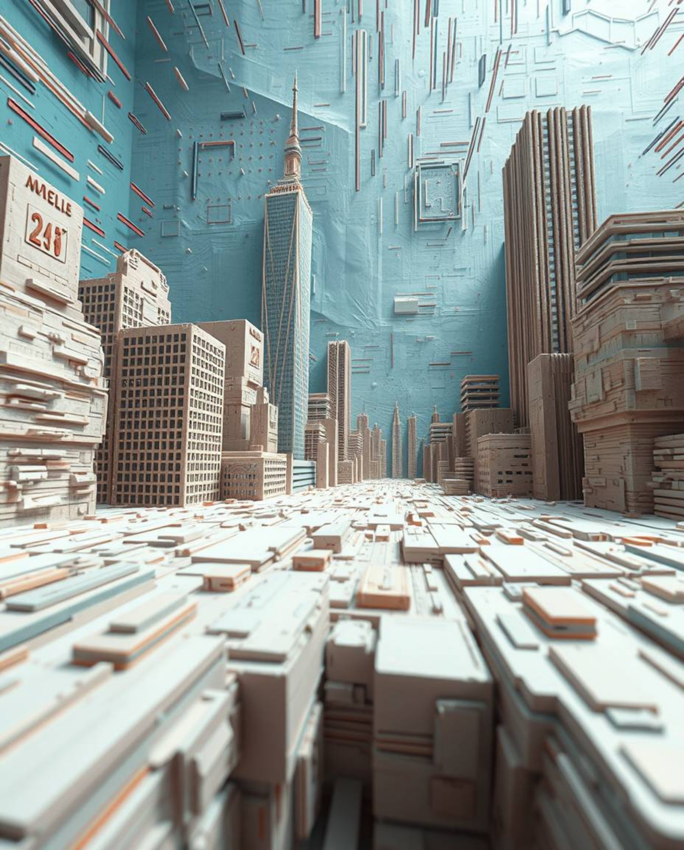 A unique high-angle view of a glitchy digital landscape crafted from layered papier-mâché.  Distorted skyscrapers and static 