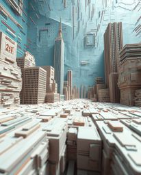 A unique high-angle view of a glitchy digital landscape crafted from layered papier-mâché.  Distorted skyscrapers and static 