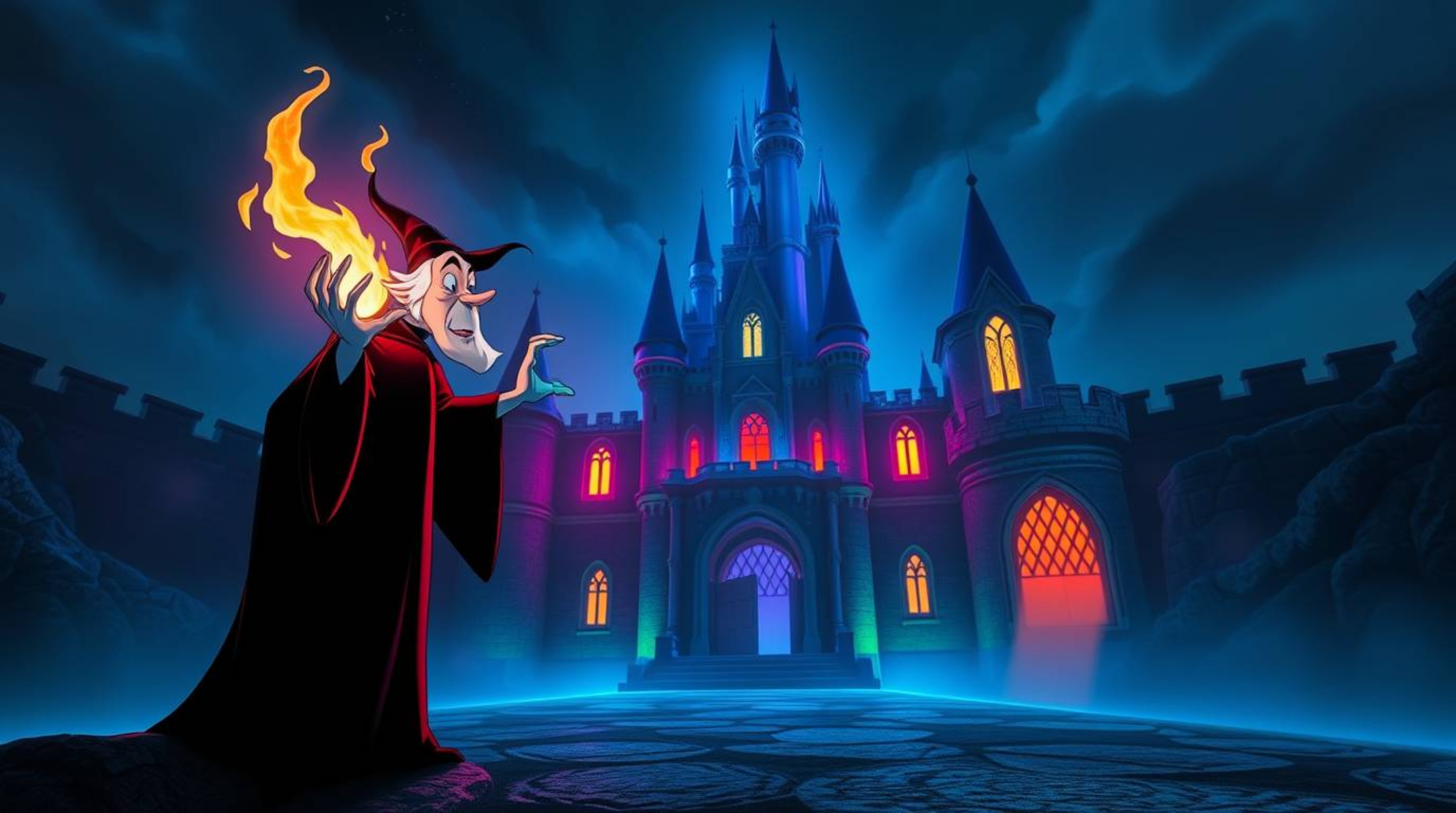 A classic Disney villain casts a spell in an old castle, bathed in distinct split glowing bioluminescent colors.  The scene i