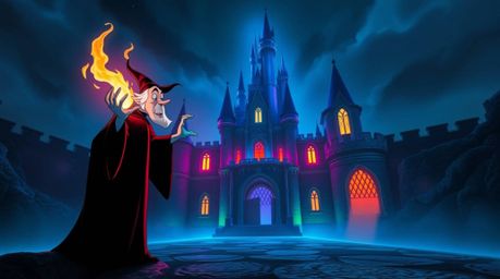 A classic Disney villain casts a spell in an old castle, bathed in distinct split glowing bioluminescent colors.  The scene i