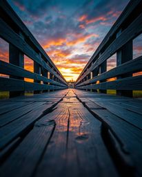 This is a long-exposure photograph of an old wooden bridge at sunset, featuring an extreme macro close-up of a small subject 