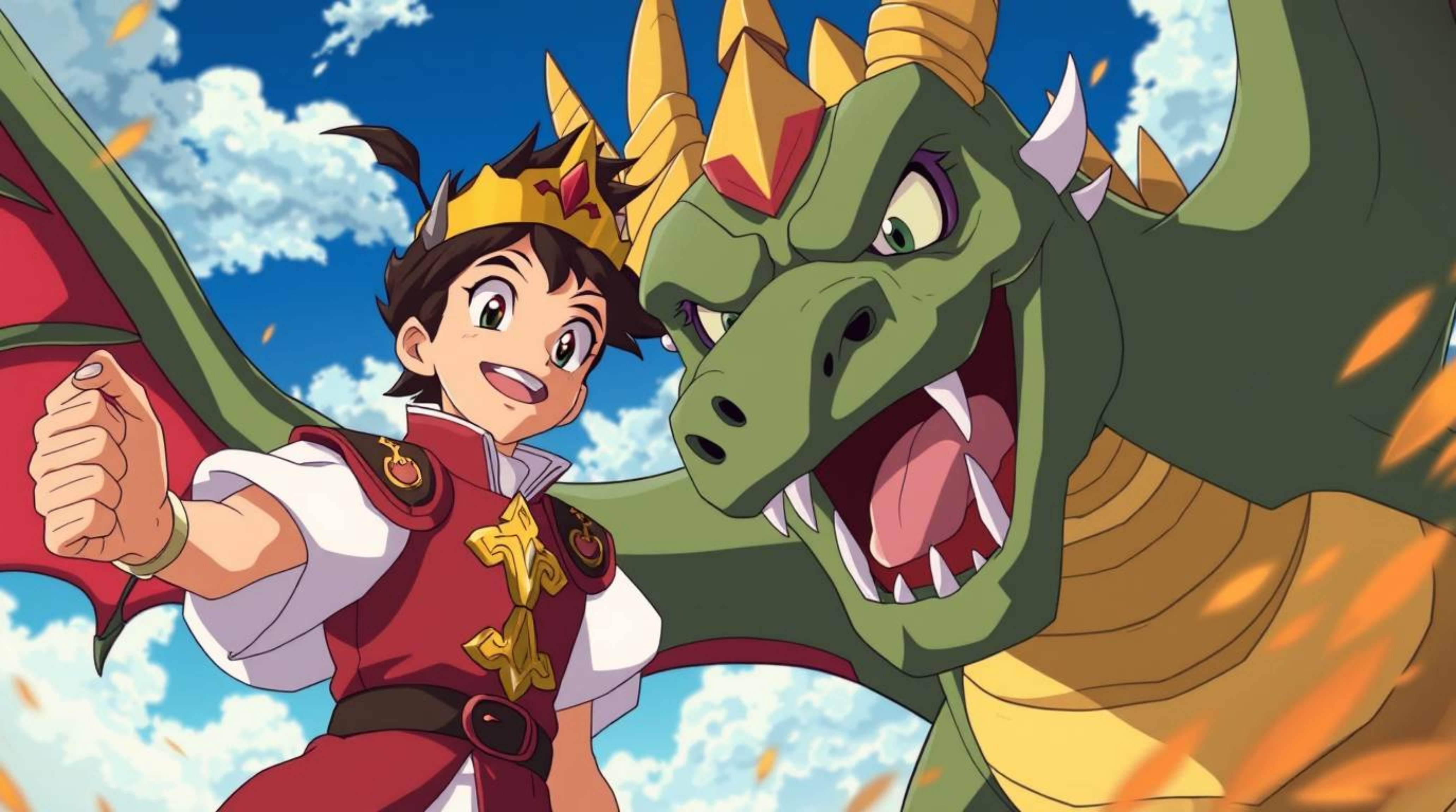 A charming prince with expressive features battles a fearsome dragon in a vibrant Isekai anime style, heavily influenced by 1