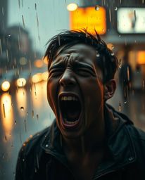 A fine art photograph capturing a distressed person screaming as their world pixelates around them in a wet, rainy scene.  Th