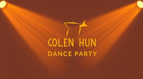 A vibrant and visually striking logo design featuring animals enjoying a dance party under golden hour lighting.  The design 