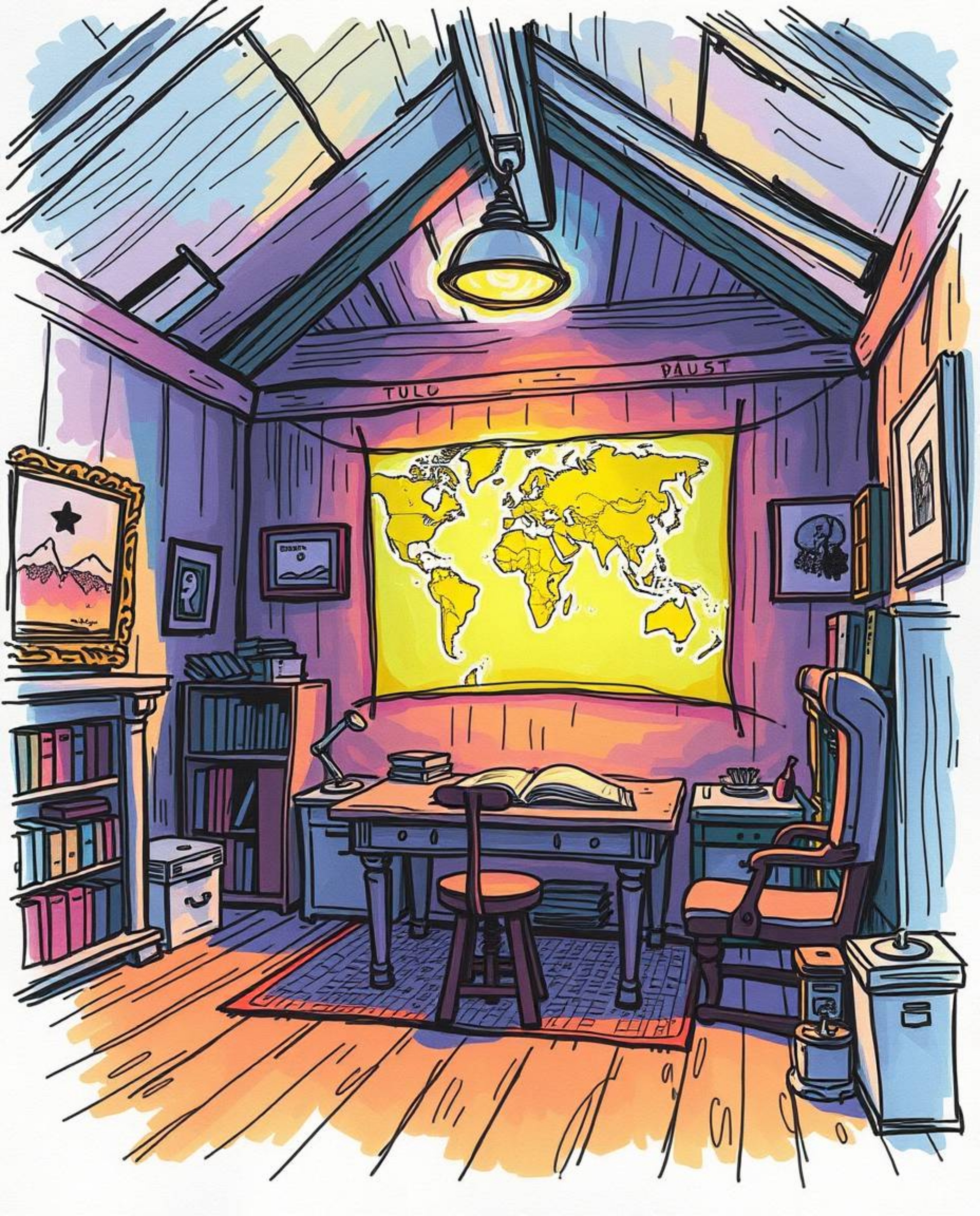 This artwork presents an ethereal and spiritual hand-drawn sketch of a glowing map, seemingly projected within the confines o