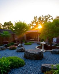 Immerse yourself in a serene Zen garden bathed in the warm, soft light of the golden hour at sunset. This tranquil atmosphere