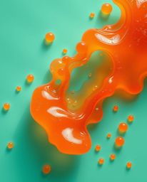 Immerse yourself in a world of warm terracotta and cool teal hues with floating 3D blobs of fluid jelly. This artwork feature
